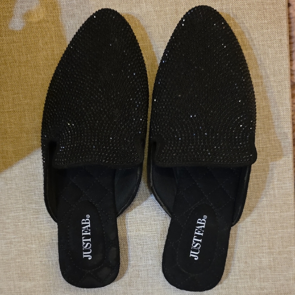 JustFab Black Crystal-Embellished Slip-On Mules